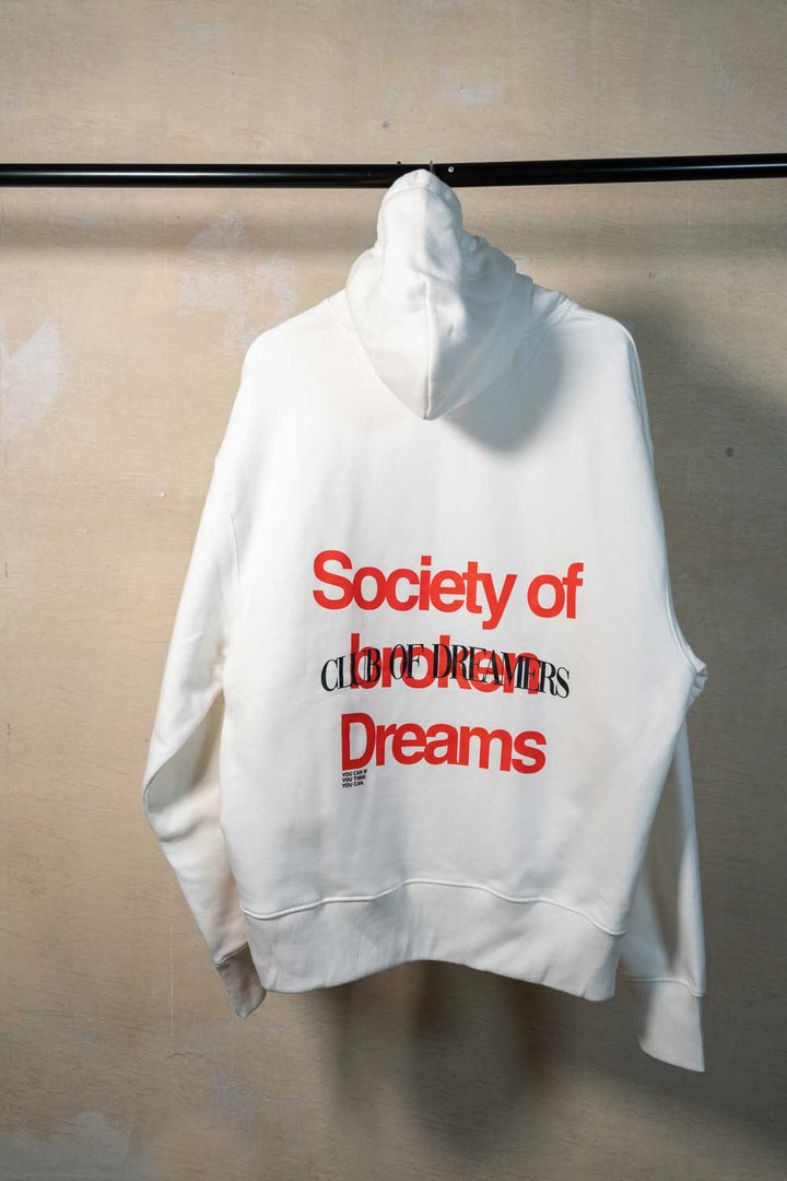 Streetwear Brand Oversize Hoodie Kapuzenpullover Damen Herren Weiß White Off-White Bio Baumwolle Schrift Rücken Print Unisex Society of Club of Dreamers Marke Beste