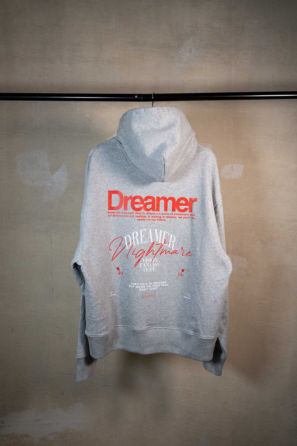 Streetwear Brand Oversize Hoodie Damen Herren Heather Grau Grey Kapuzenpullover Bio Baumwolle Schrift Rücken Print Unisex Dreamer Club of Dreamers Marke Beste